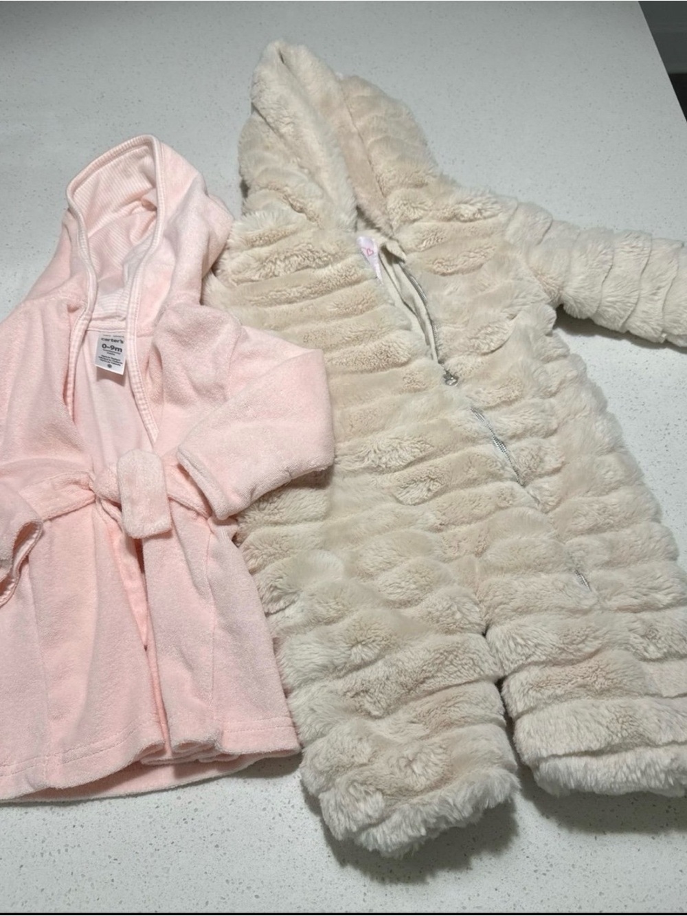 Carter's Light Pink Hooded Robe & Cream Faux-Fur Hooded Jumpsuit Set